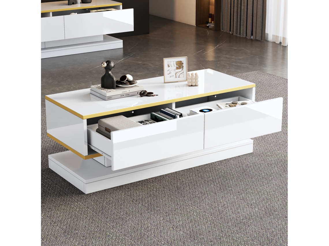 Mesa Centro 100x50x38 Led Dourado 2 Gavetas Branco Elegante Sala