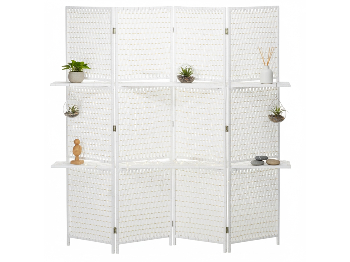 Paravent 4-partes 181 X 180 Cm Dobrável Divisor De Ambiente Com 2 Prateleiras De Madeira De Pinho, Bambu Para Quarto, Branco