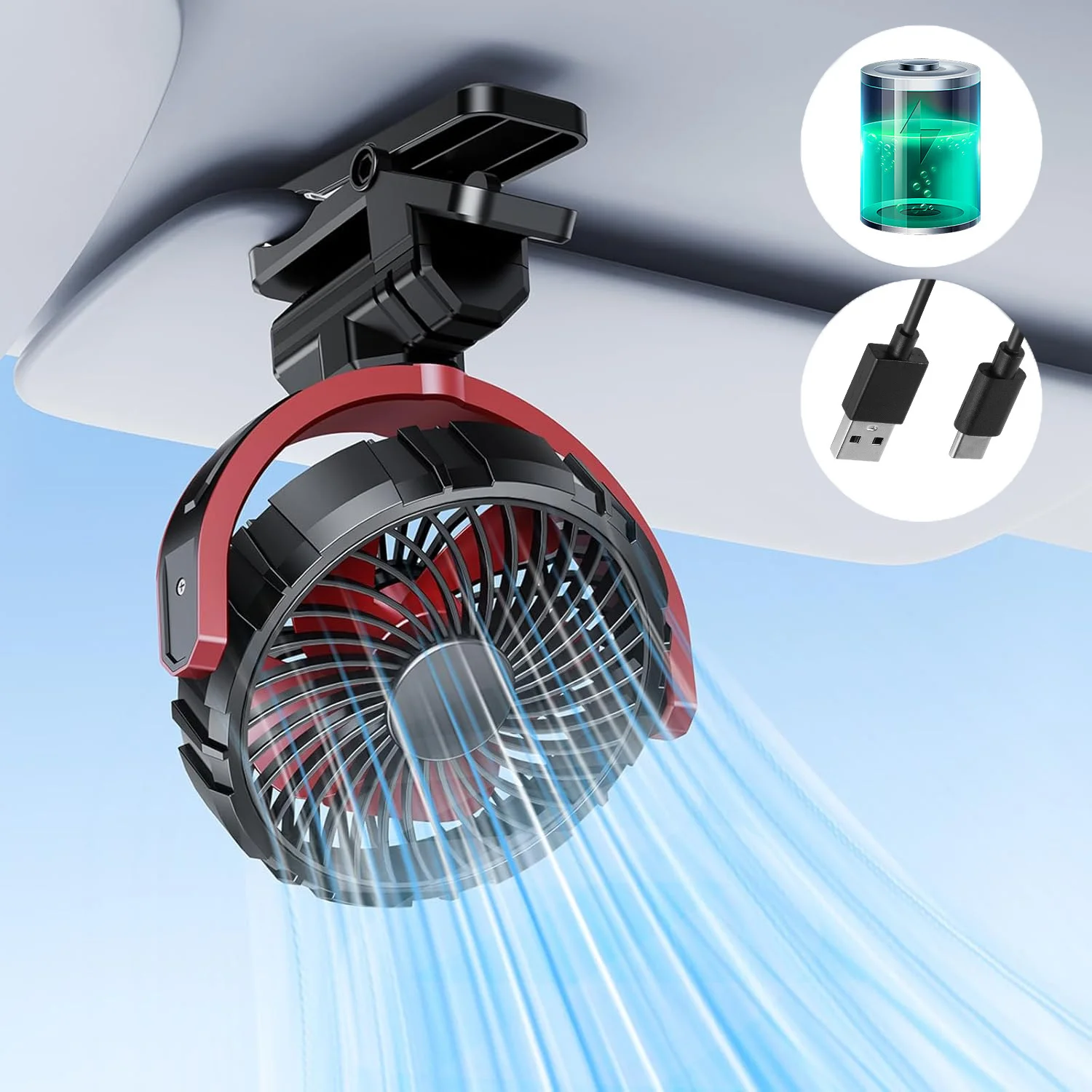 Ventilador de encaixe MDUG, recarregável, 900°, 3 velocidades