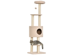 Arranhador para Gatos Altura 148 Cm Arranhador para Gatos com Postes de Sisal 3 Plataformas Casa e Bola Suspensa Bege Ge