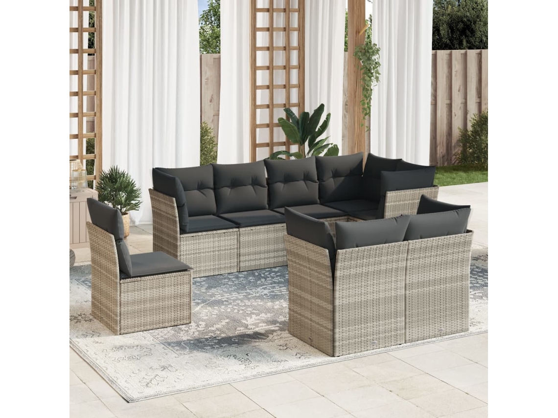 Vidaxl 8 Pcs Conj. Sofás Jardim C/ Almofadões Vime Pe Cinzento-claro