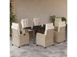 Vidaxl 7 Pcs Conjunto De Jantar P/ Jardim Com Almofadões Vime Pe Bege