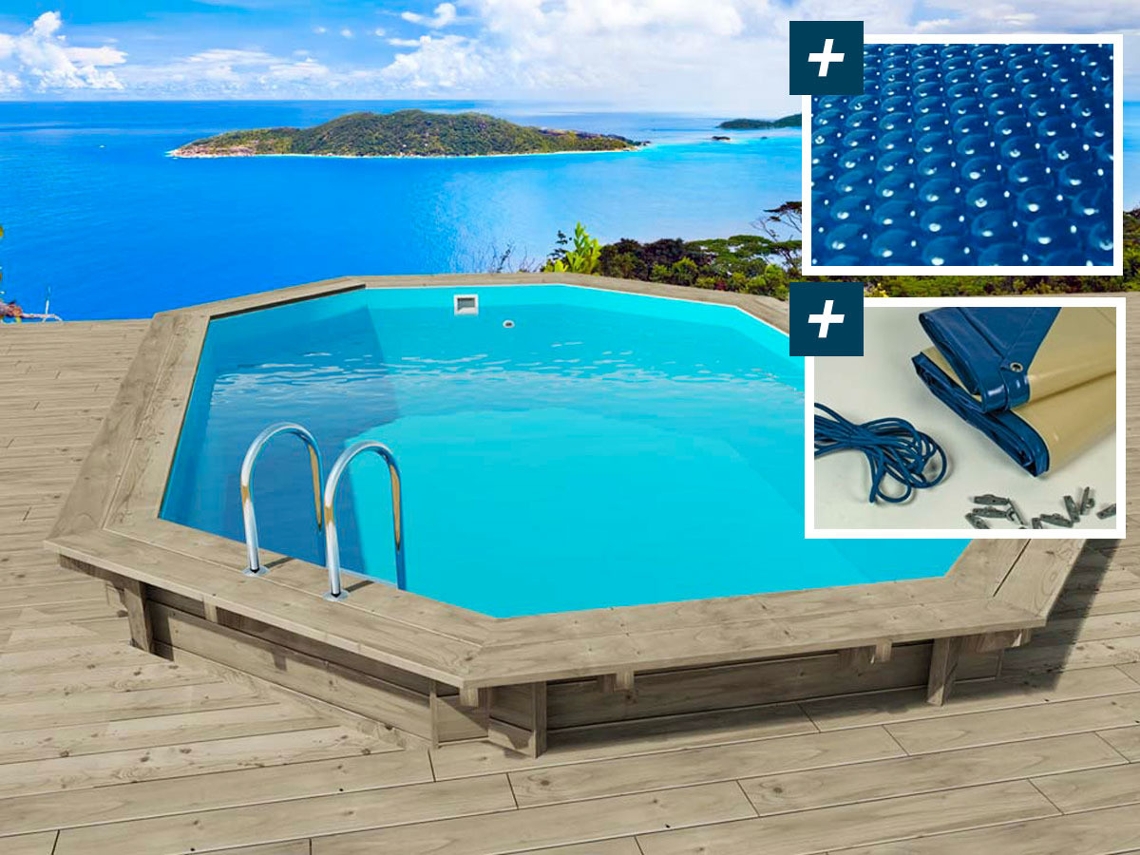 Piscina de madeira "Florida" - 6,57 x 4,57 x 1,31 m + cobertura bolha 180 µ + cobertura inverno 280 gr/m². HABITAT E JARDIM