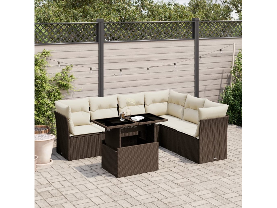 Vidaxl 7 Pcs Conjunto De Sofás Jardim C/ Almofadões Vime Pe Castanho