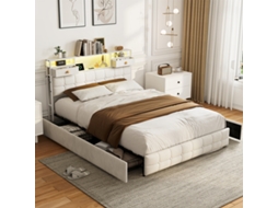 Cama Hidráulica 140x200cm Veludo Creme com Led, Tomada USB, Sem Colchão BURSDANY