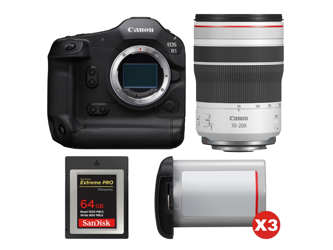 Eos R1 + Rf 70 200mm F/4 L Is Usm + 1 Sandisk 64gb Extreme Pro Cfexpress Type B + 3 Canon Lp e19 + Ebook “20 Dicas para Fotos Que Impressionam” CANON