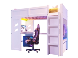 Cama Alta, 90x200cm, Cama Gamer Com Escrivaninha, Equipada Com Luzes Led, 1 Porta Usb, 1 Porta Type-c, Escada, Escrivaninha, Gaveta, Branca