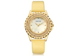 Relógio de Pulso Feminino Casual Geekthink com Strass Pulseira de Couro Pu Quartzo Amarelo