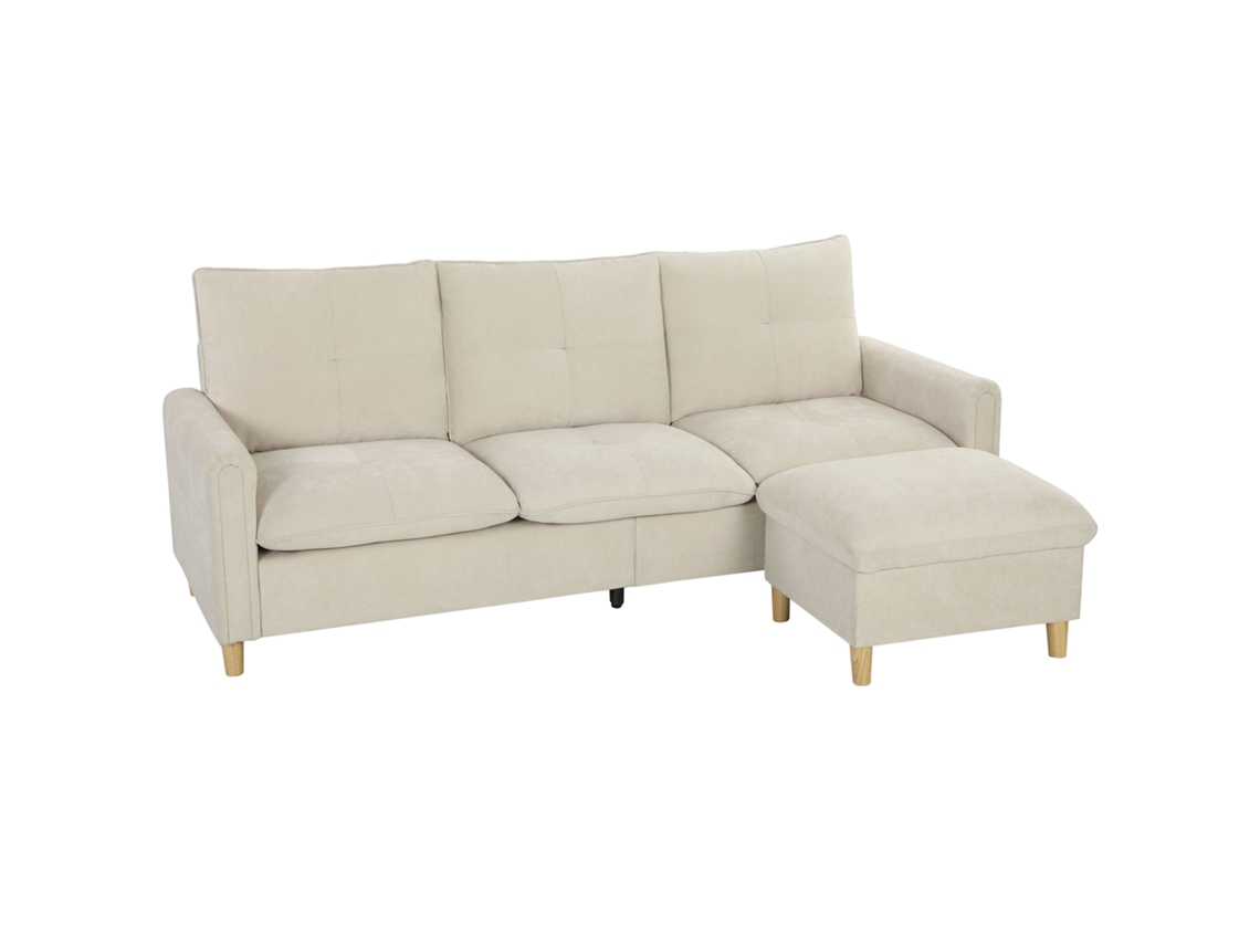 Sofá De Três Lugares Com Pufe De Arrumação, Sofá De Canto Modular, 210 Cm, Assentos Espaçosos, Tecido Com Textura De Linho, Bege.