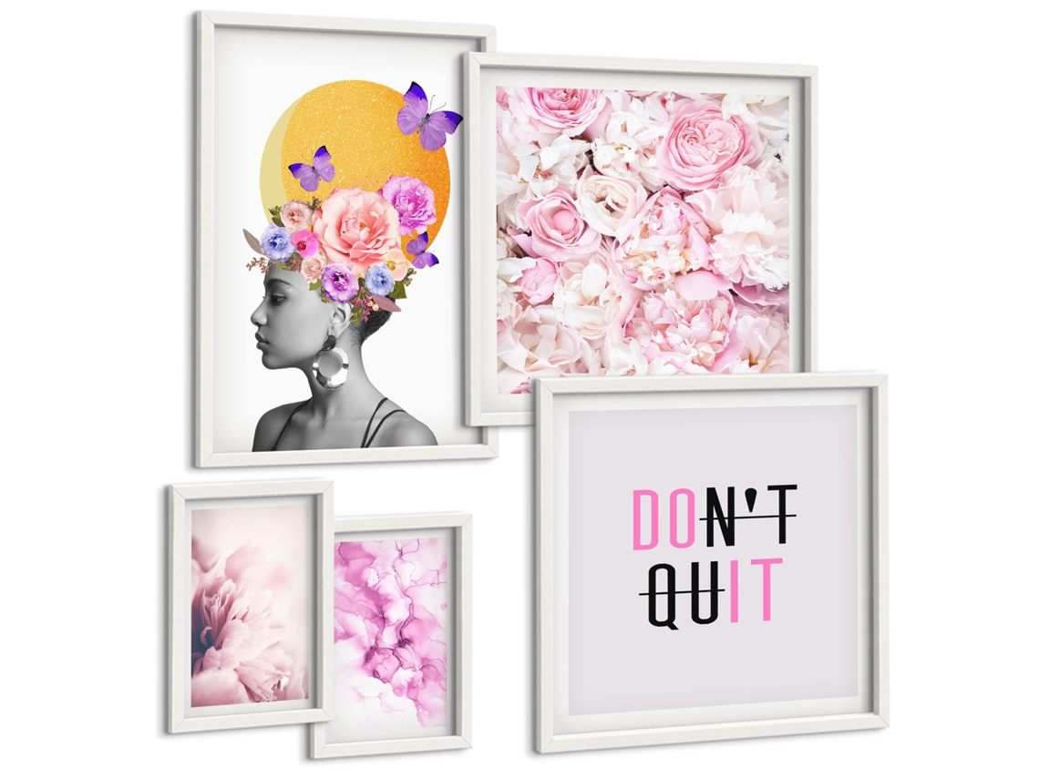 Composição De Quadros Retrato Abstrato De Uma Mulher, Flores, Chuva Moldura Branca Quadros Para O Escritório Espelharte (conjunto De 5 Imagens)