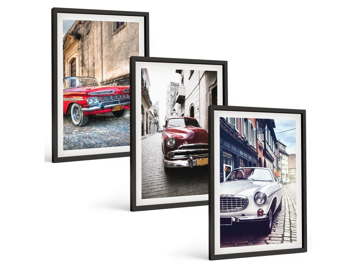 Conjunto De Pinturas Carros Clássicos Em Cidades Moldura Preta Quadros Para A Sala De Estar Espelharte (3 Piezas De 40x60 Cm)