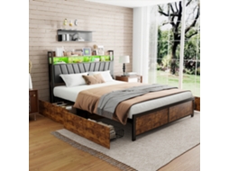 Cama Estofada com 4 Gavetas, Arrumação com Entradas Led e Usb, Estrutura Metálica, Preta (160x200 cm)