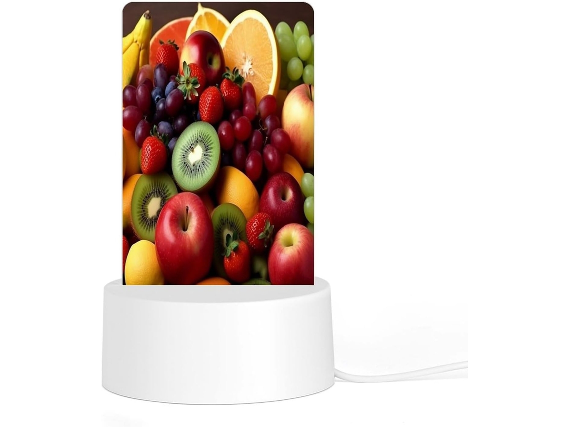 Luminária noturna em acrílico com base e plugue de plástico, apresentando uma estampa de frutas e vegetais frescos.