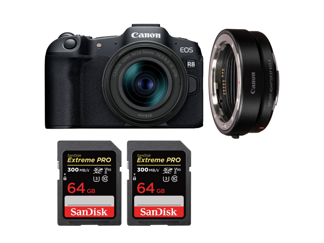 Eos R8 + Rf 24 50mm Is Stm + Ef eos R + 2 Sandisk 64gb Uhs ii 300mb/s + Ebook “20 Dicas para Fotos Que Impressionam” CANON