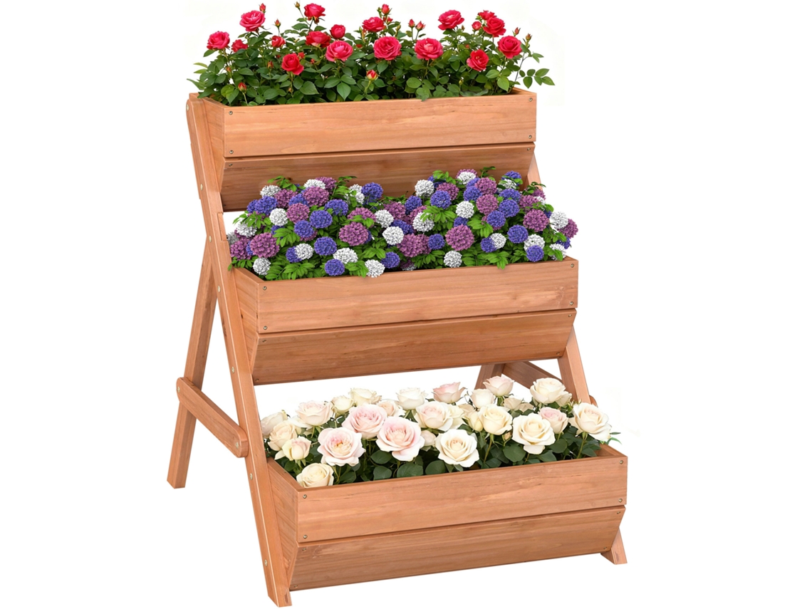 Vaso de Madeira Elevado de 3 Níveis com Furos de Drenagem 65x75x76 Cm Marrom Ge