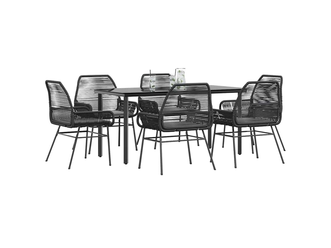 Vidaxl Conjunto De Jantar Jardim 7 Peças Almofadas Vidro Vime Pe Preto