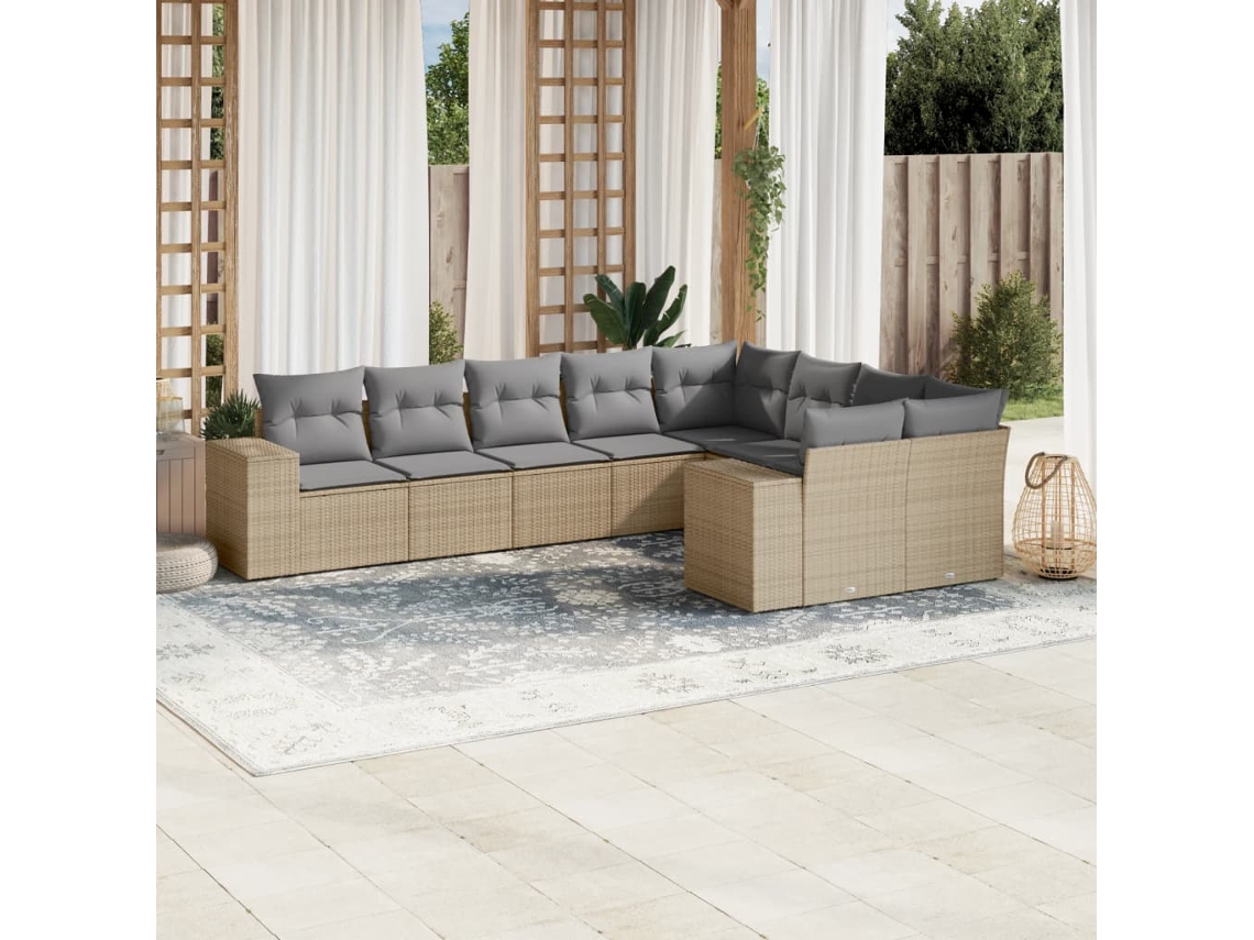 Conjunto de 9 Sofás para Jardim com Almofadas Vime Pe Bege Dkd Home Decor