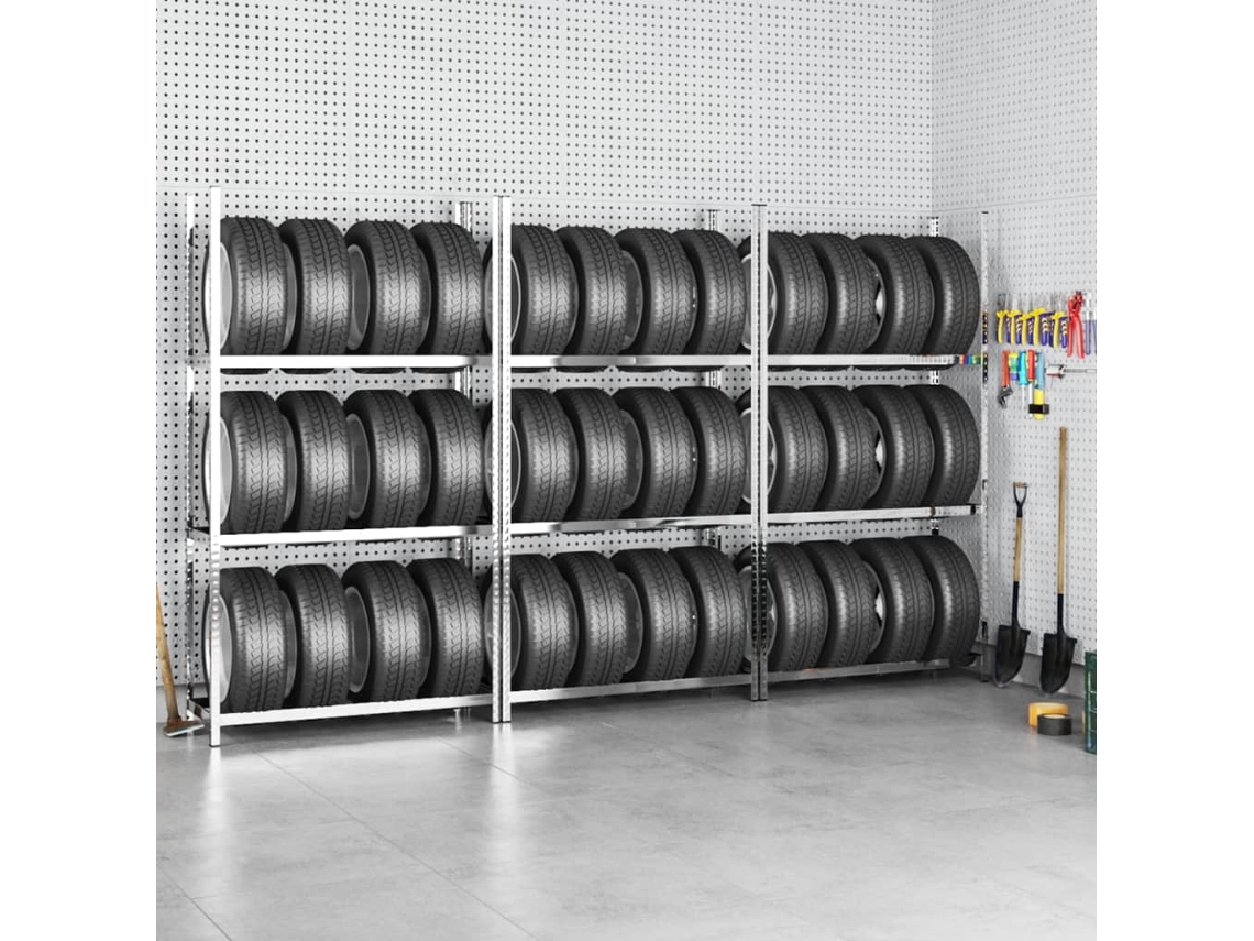 Vidaxl Unidades 3 Prateleiras P/ Pneus 3pcs 110x40x200 Cm Aço Prateado