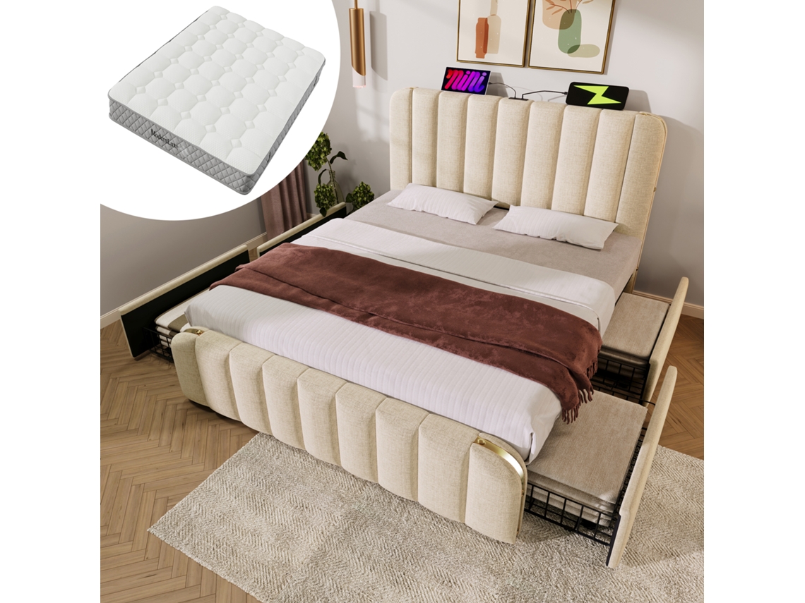 Cama Casal 140x200 Bege Com Cabeceira Acolchoada Usb-c E 4 Gavetas