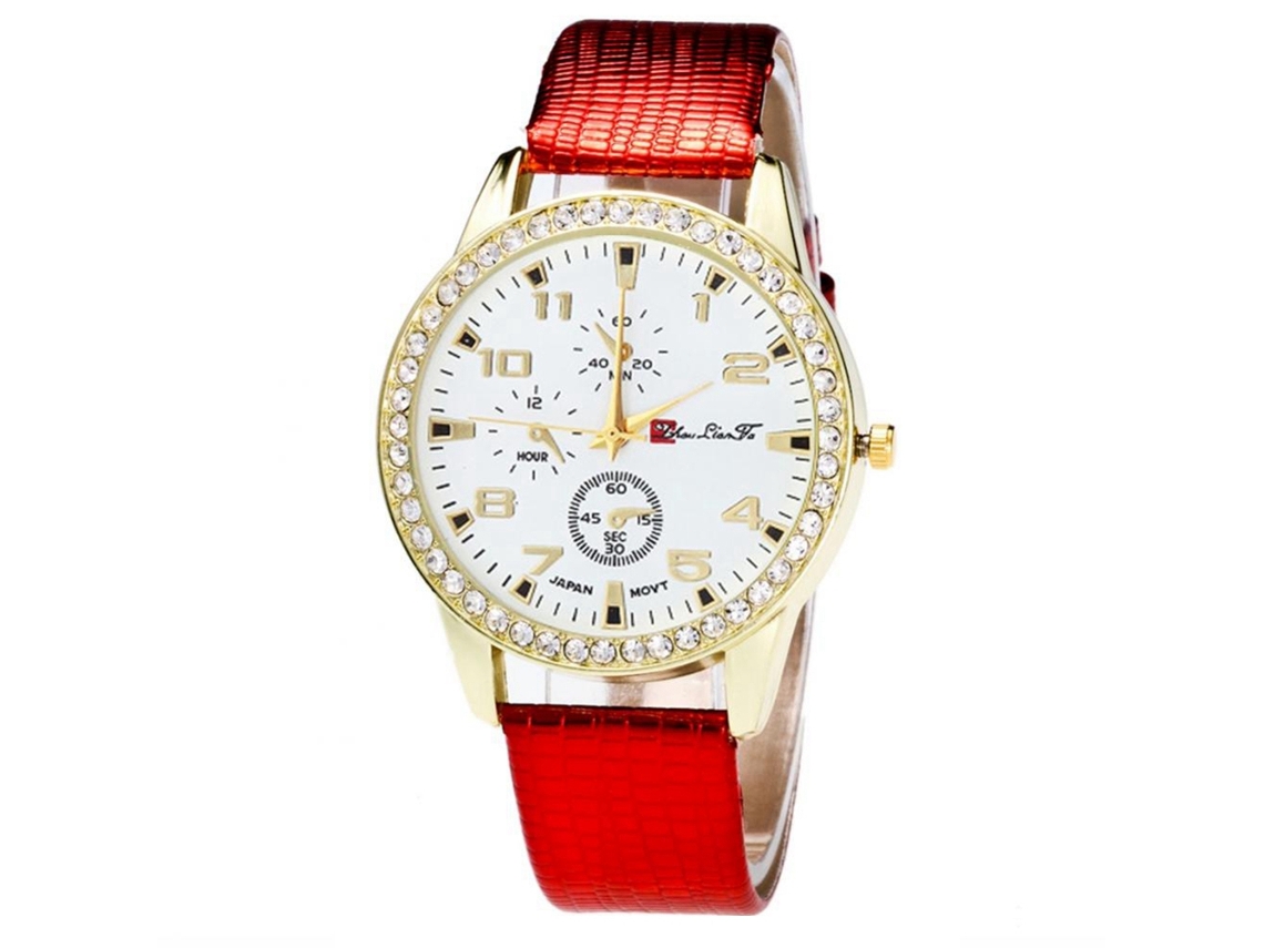 Relógio de luxo Zhoulianfa Quartz Analógico com Pulseira Ajustável em PU e Strass (Vermelho)