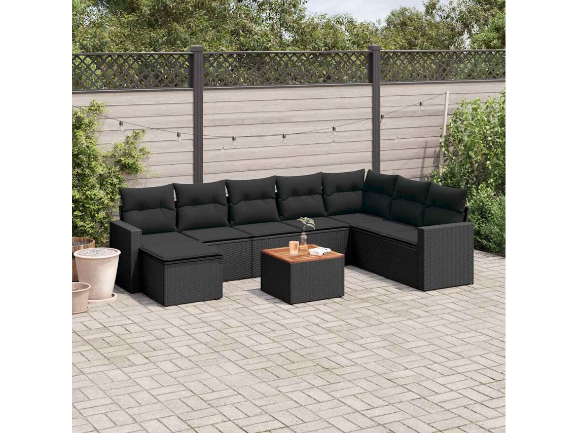 Vidaxl 9 Pcs Conjunto De Sofás P/ Jardim C/ Almofadões Vime Pe Preto