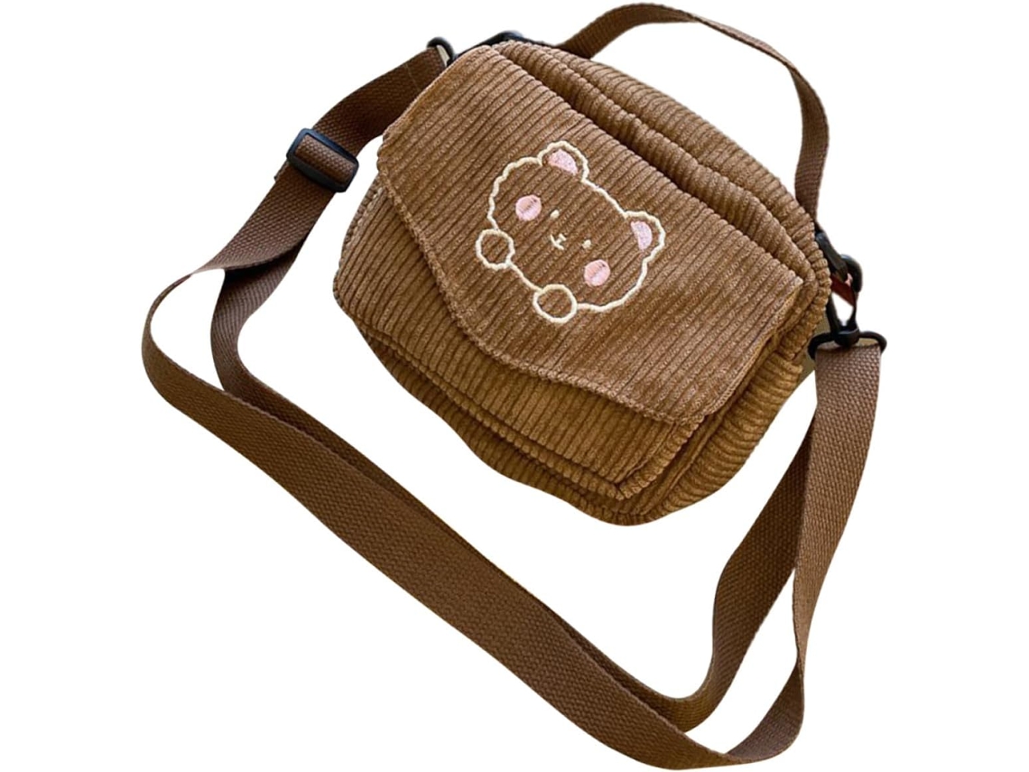 Bolsa De Ombro Feminina Grande, Com Design Exclusivo, Em Veludo Cotelê Marrom E Bordado De Urso.