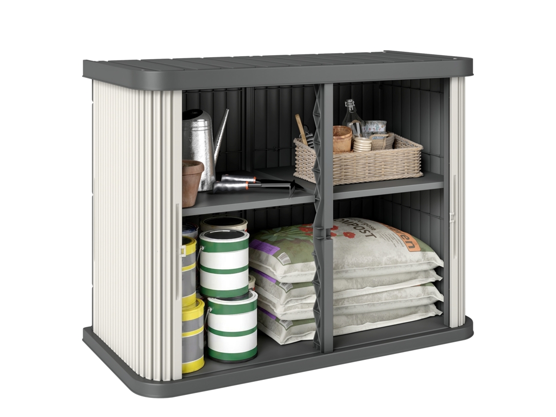 Caixa de Armazenamento Externa 480 L. 2 Níveis com Portas Deslizantes Resistentes Aos Raios Uv. 120,5x59,5x92cm. Marrom Claro Ge