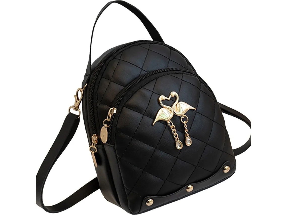 Mochila Pequena Feminina Mini Cute com Pingente Cisne Bordado para Viagem Mulheres Preto