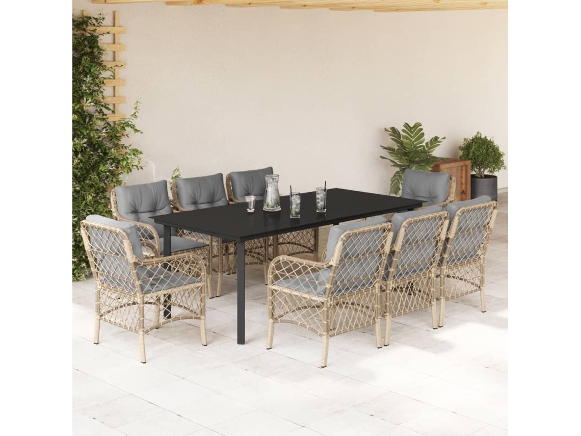 Vidaxl 9 Pcs Conj. Jantar Jardim C/ Almofadões Vime Pe Bege Misturado