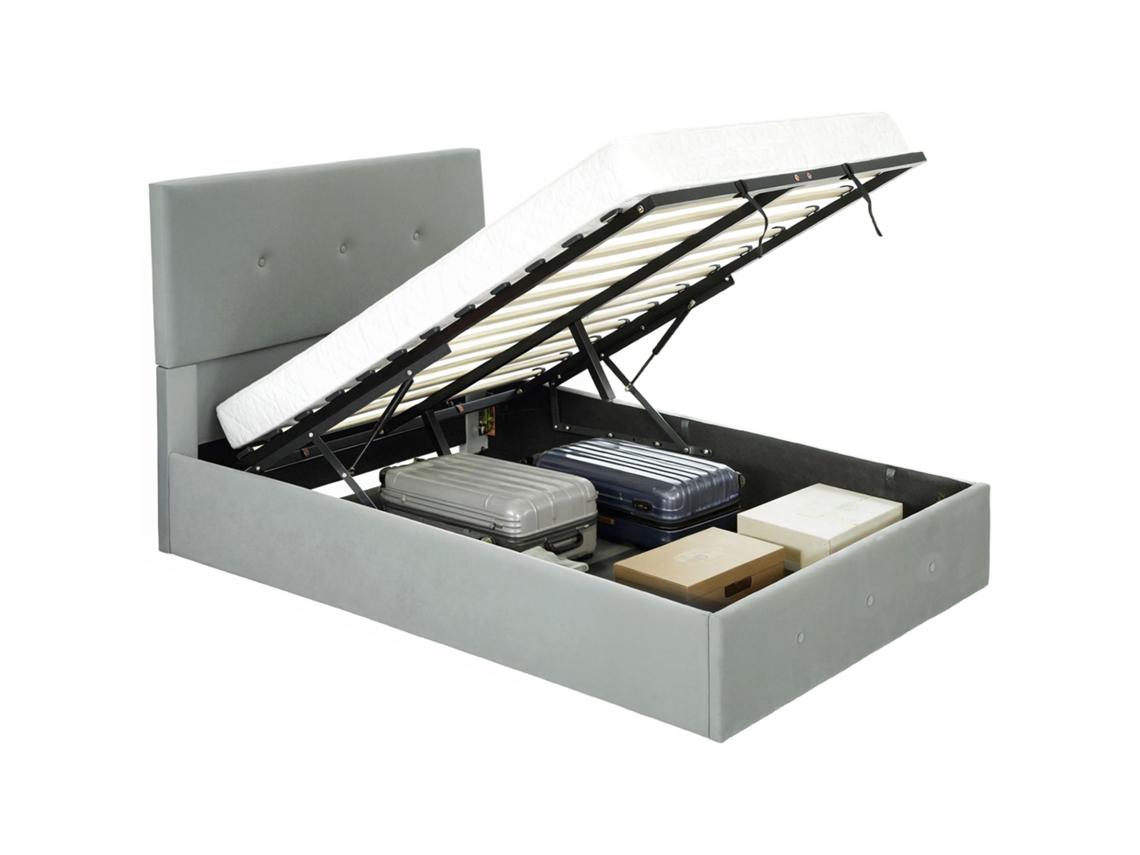Cama Com Arrumação E Cabeceira Acolchoada Em Madeira E Metal, 195x141x106 Cm, Cinza