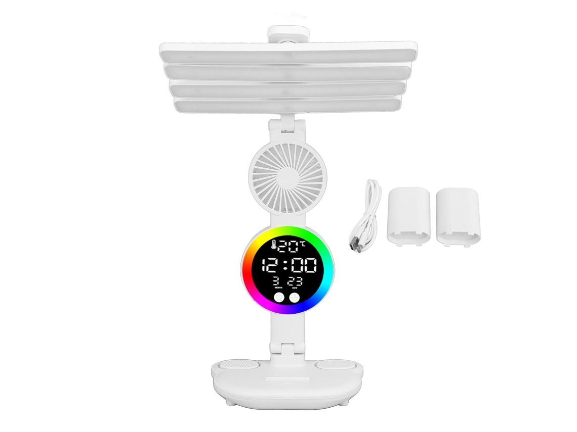 Lâmpada de mesa LED com ventilador e porta lápis, toque, recarregável, iluminação ajustável, mostra hora data temperatura | S/MARCA