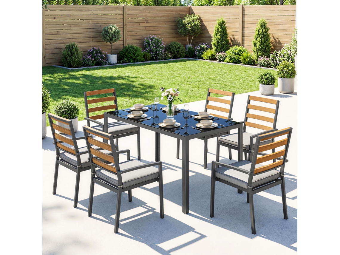 Conjunto Jantar Jardim 7 Peças Mesa Cadeiras 6 Pessoas Preto