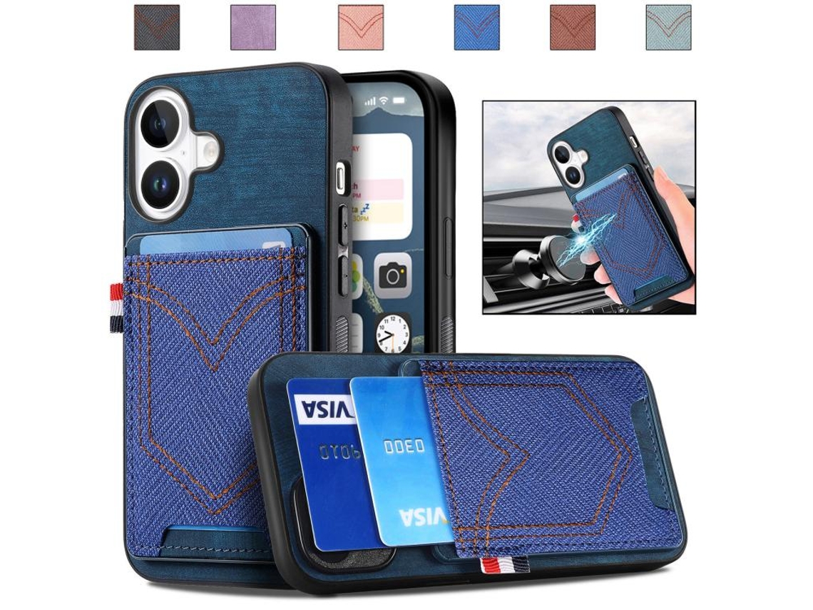 Capa Para Iphone 17 - Textura Jeans Com Compartimentos Para Cartões