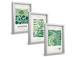 Conjunto De Pinturasfolhas Verdes, Plantas, Formas Moldura Prateada Quadros Para A Sala De Estar Espelharte (3 Peças 20x30 Cm)