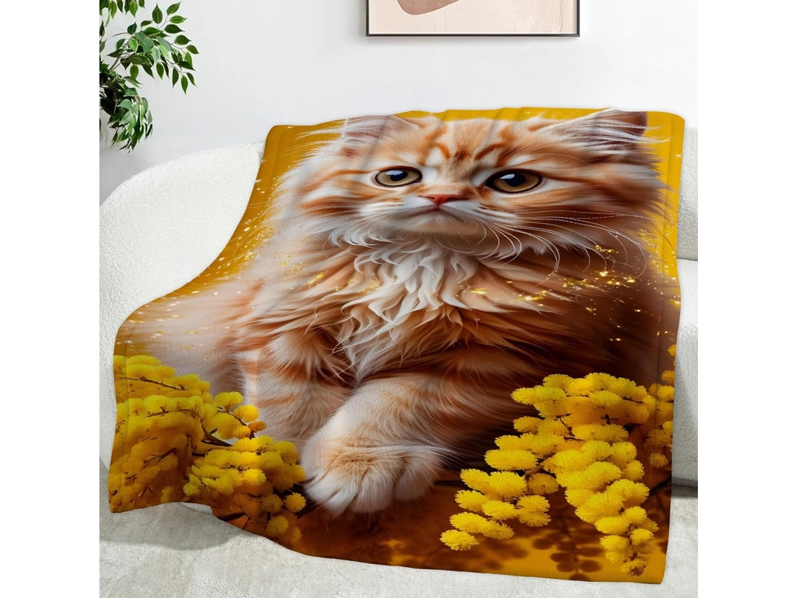 Manta com Estampa de Gato da Floresta Norueguesa e Flores Amarelas 130x150 Cm Multifuncional Macia Aconchegant