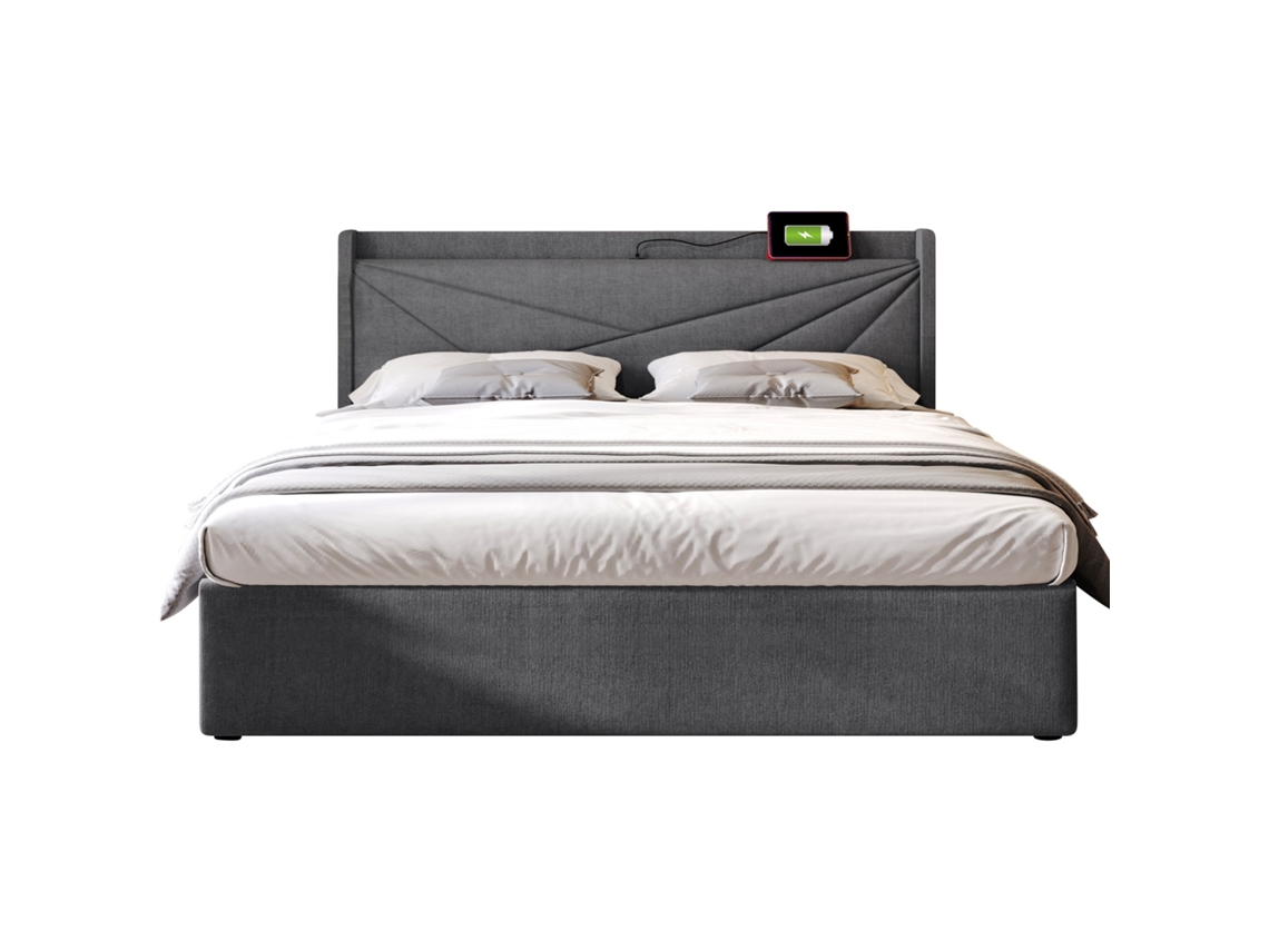 Cama de Casal Estofada 140x200 Cm com Baú, carregador Usb Tipo C, cabeceira em Linho e Estrado de Ripas, ideal para Quartos Juvenis PAPRIKA