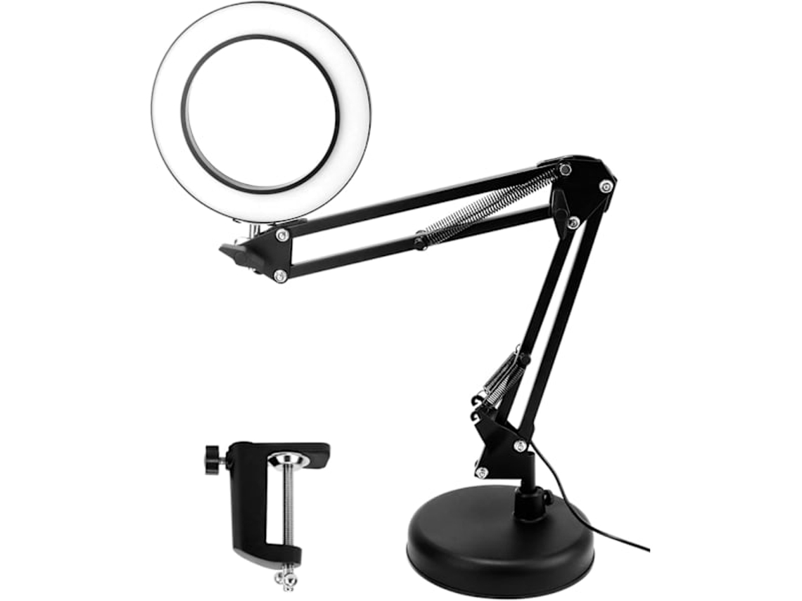 Luminária De Aumento Com Base E Presilha, Lente De Aumento De 10x, 3 Modos De Cor E 10 Níveis De Brilho Reguláveis, Braço Articula Aquaforge