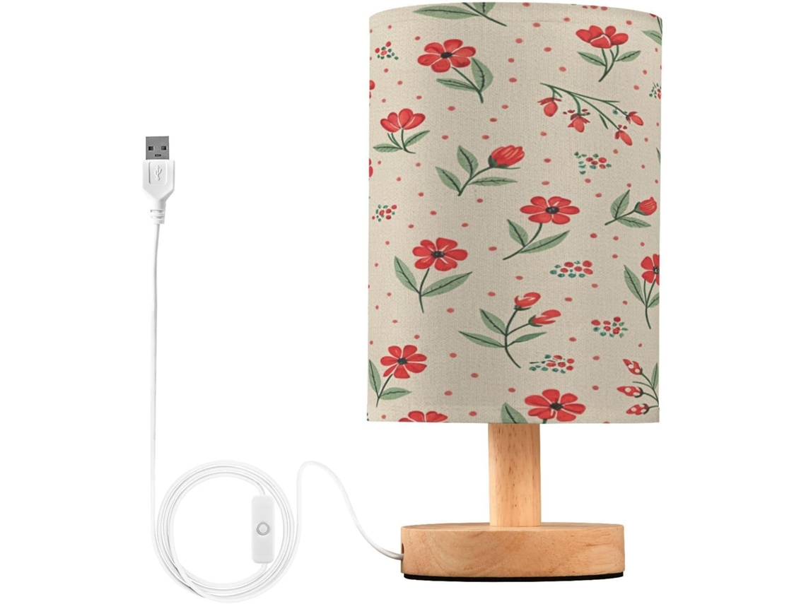 Abajur De Cabeceira Floral Vermelho Para Quarto, Com Portas De Carregamento Usb C, Luminária De Mesa Cabeceira