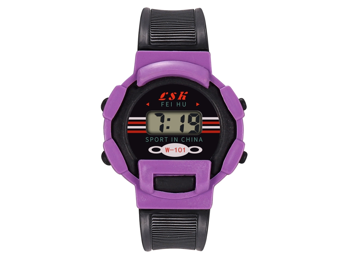 Relógio eletrônico infantil moderno com pulseira de PVC, relógio digital roxo para crianças.