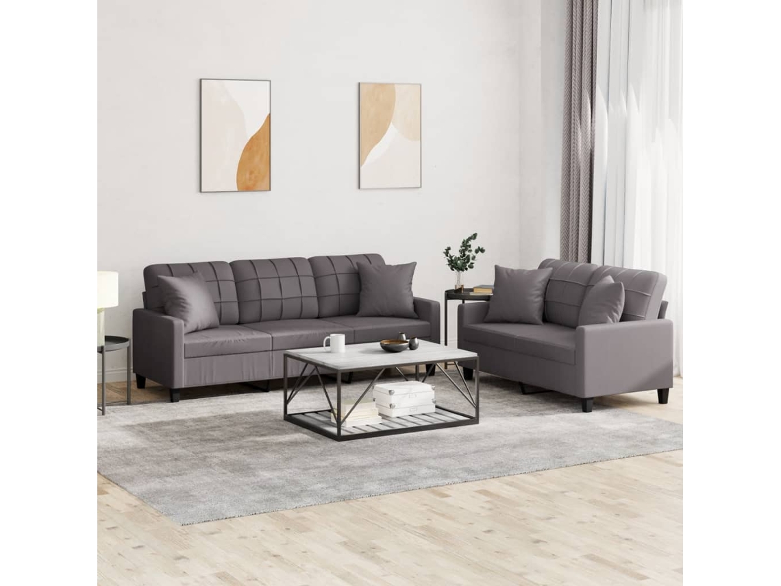 Vidaxl 2 Pcs Conjunto De Sofás Com Almofadas Couro Artificial Cinzento