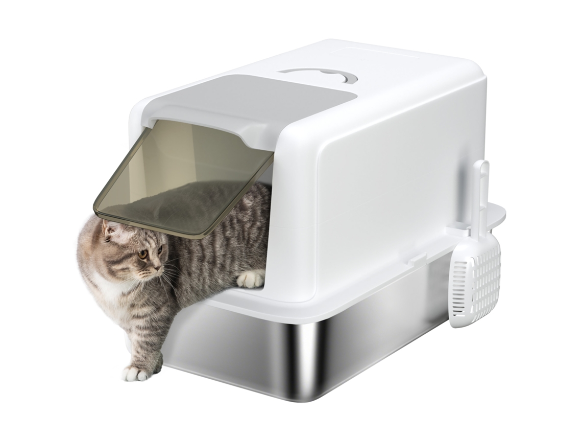 Caixa de Areia para Gatos, Bandeja em Aço Inoxidável, Filtro, Pá, para Gatos de Até 6 Kg, 40,5 X 60,5 X 41,5 Cm, Branca/prateada ESSÊNCIACASA
