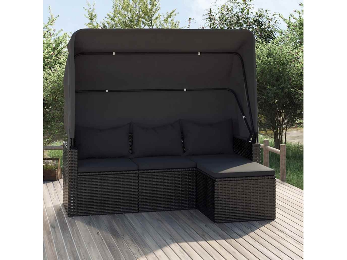 Sofá De Jardim De 3 Lugares C/ Teto/apoio De Pés Vime Pe Preto Dkd Home Decor