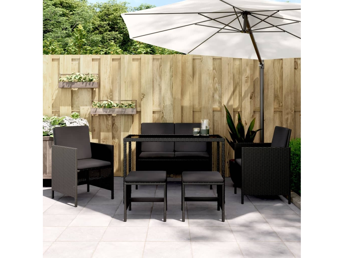 Vidaxl 6 Pcs Conjunto De Jantar P/ Jardim C/ Almofadões Vime Pe Preto