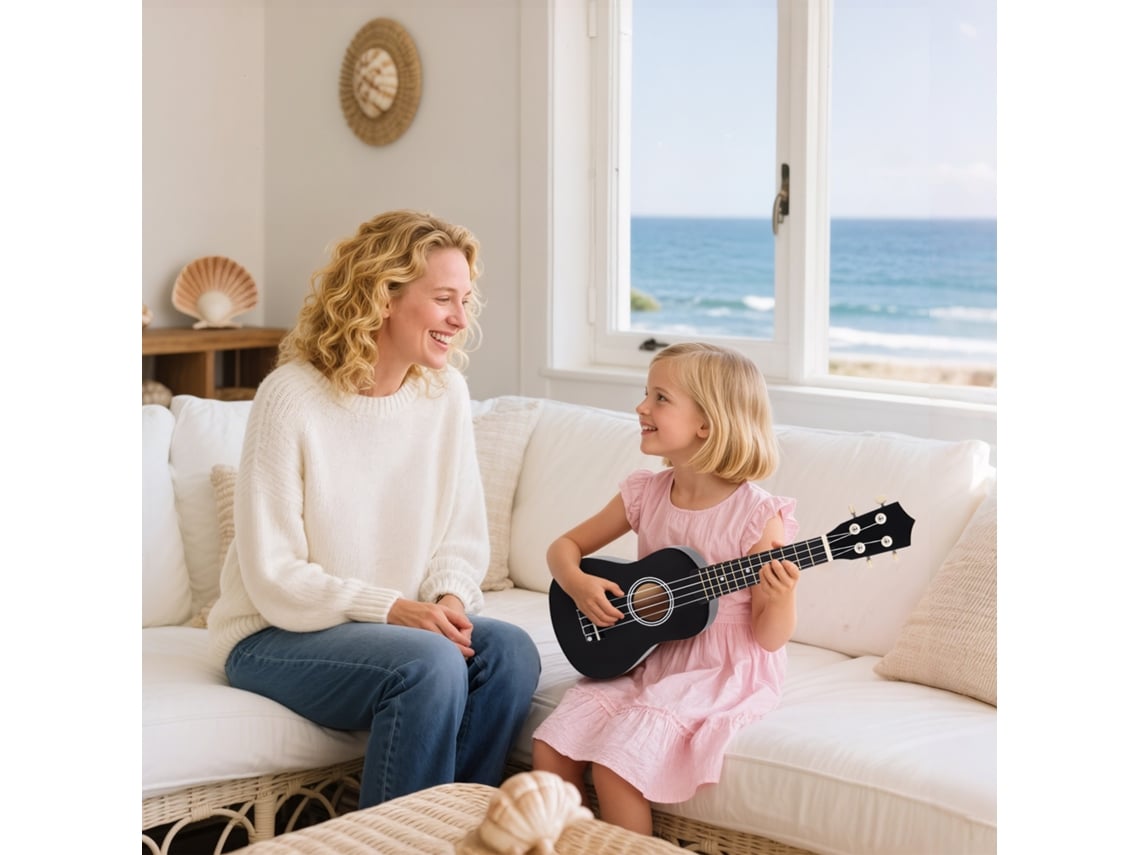 Ukulele De Madeira Para Iniciantes De 21 Polegadas, Preto, Design Moderno E Funcional