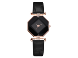 Relógio Feminino Pulseira de Couro Pu Mostrador Losango Strass Movimento de Quartzo Preto