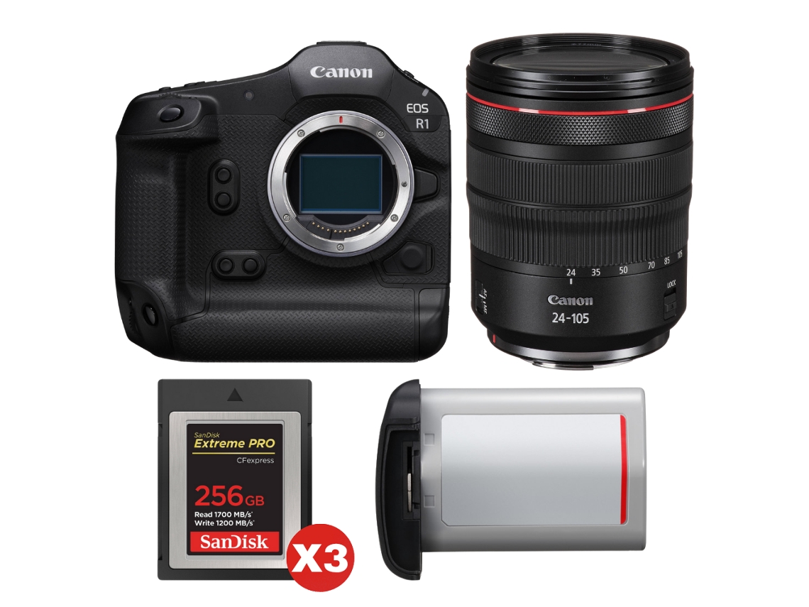 Eos R1 + Rf 24 105mm F/4 L Is Usm + 3 Sandisk 256gb Extreme Pro Cfexpress Type B + Canon Lp e19 + Ebook “20 Dicas para Fotos Que Impressionam” CANON