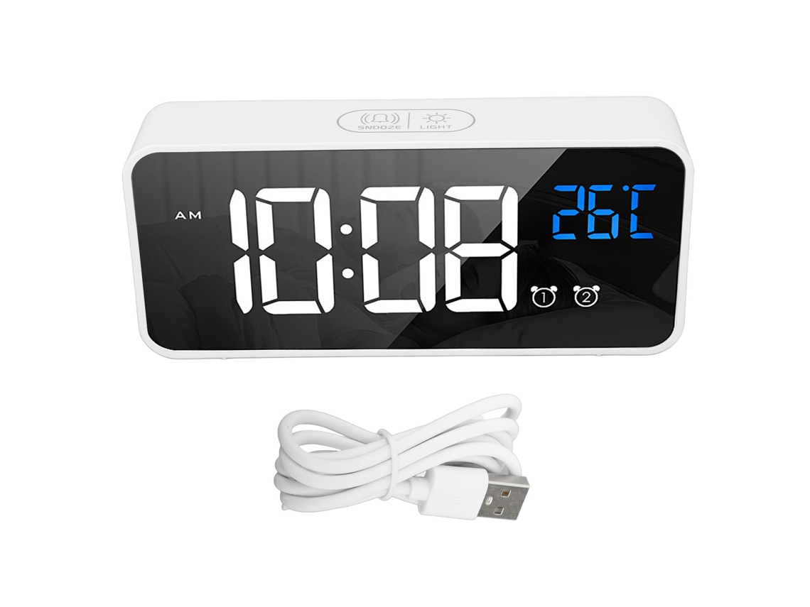 Espelho de mesa com despertador LED Baok-recordel recarregável com 2 alarmes, ativado por voz, digital, para quarto ou mesa de cabeceira, branco.
