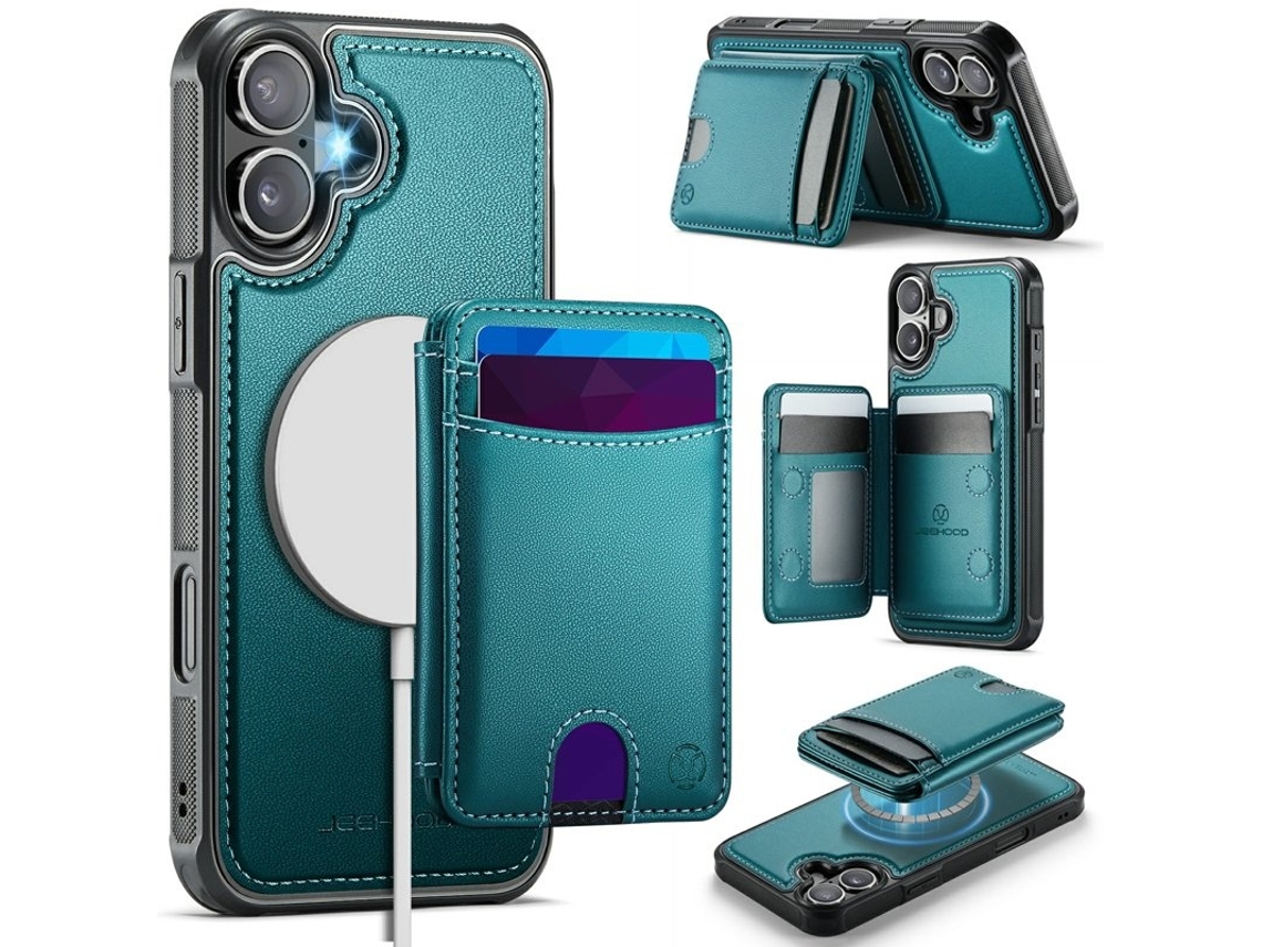 Capa Jeehood Para Iphone 17 Em Couro Sintético Com Compartimento Removível Para Cartões - Verde