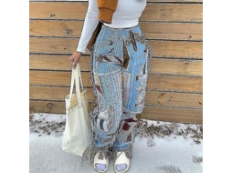 Calças Florais Com Franja E Tassels Estilo Streetwear Chic Feminino Verão Azul Céu