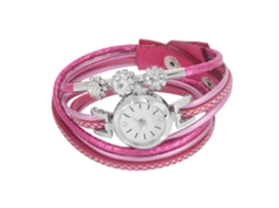 Relógio Pulseira Feminino de Quartzo com Pedras Strass e Correa Pu Rosa Redondo